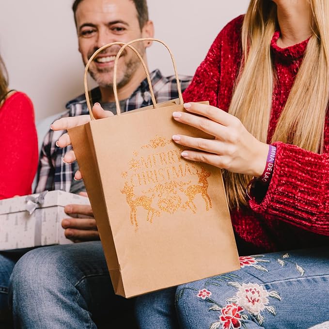SUNEE 100Pcs Brown Paper Bags with Handles, 8x4.3x10.7 Inchs Gift Bags Bulk Medium Size, Kraft Paper Gift Bags for Party, Favor, Shopping, Grocery,Craft, Takeout Packaging and Bakery