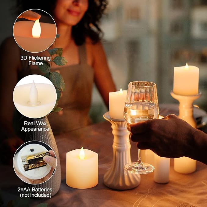 3x3 Flickering Flameless Candles Set of 3, Real Wax LED Battery Candles Flickering, 3 inch Flameless Candles with Remote,Battery Powered Candles, for Party/Wedding,Ivory