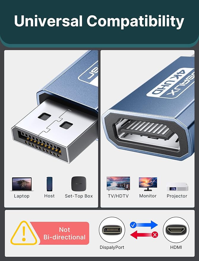 4K DisplayPort to HDMI Adapter 2-Pack, JSAUX DP PC to HDMI Monitor Converter Video UHD 2K@120Hz,4K@30 DP to HDTV Male to Female Uni-Directional adapter Compatible with Dell, Lenovo, HP,GPU, AMD -White