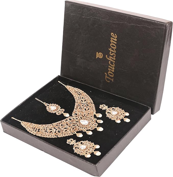 Touchstone Indian jewelry sets for women tikka wedding necklace costume guest statement bollywood rhinestones crystal faux pearls gold big royal neck piece set bridal fashion accessories