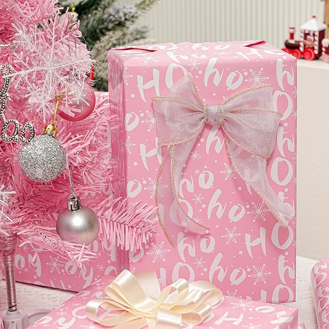 Ulmasinn Reversible Christmas Wrapping Paper Pink Mini Roll 17 Inches X 33 Feet for Girls Kids,printed with “Ho Ho” and Pink Holiday Collection Design for Festivals, Parties, Celebrations
