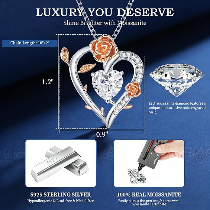 Gorgeous Moissanite Necklaces for Women - Valentine's Day Gifts for Wife Girlfriend, 925 Sterling Silver 1-3CT Moissanite Pendant Jewelry, Wedding Anniversary Birthday Christmas for Mom