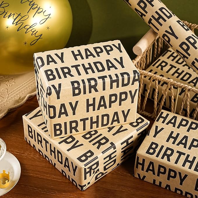 WRAPAHOLIC 30 Inch Jumbo Birthday Wrapping Paper Roll - 30 Inch x 33 Feet - Black Happy Birthday Wrapping Paper for Men Women Party Celebration