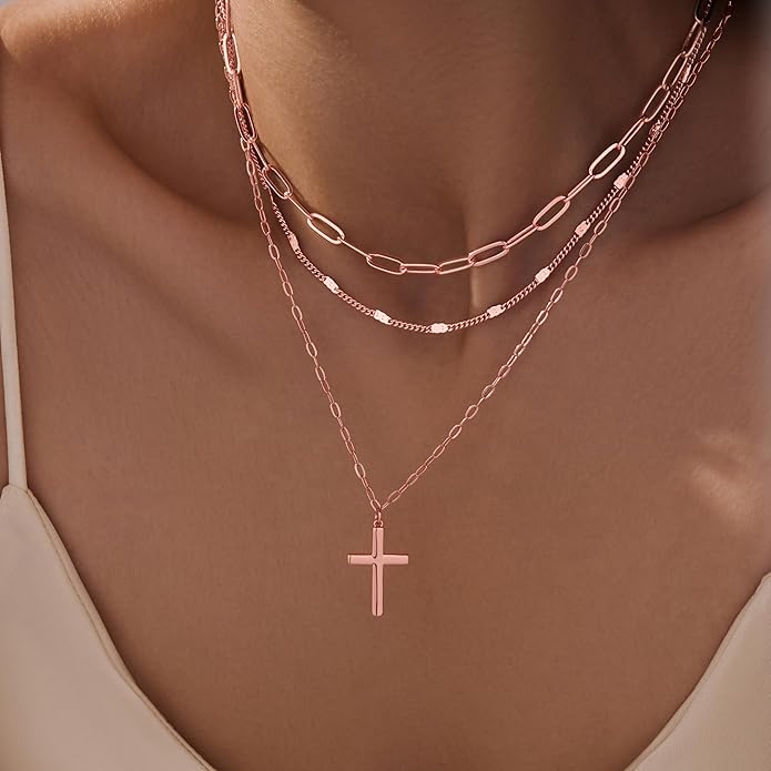Layered Gold Necklaces for Women, Stackable Dainty 14K Gold Silver Plated Trendy Simple Heart Diamond Cross Bow Circle Pendant Paperclip Choker Dot Chain Necklace,Jewelry Set Gifts for Women