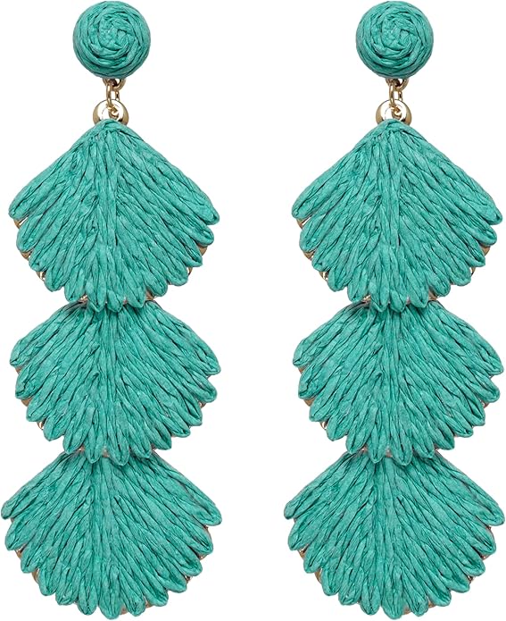 Raffia Dangle Earrings for Women - Boho Statement Rattan Drop Jewelry with Shell Design, Lightweight Summer Beach Trendy Accessories