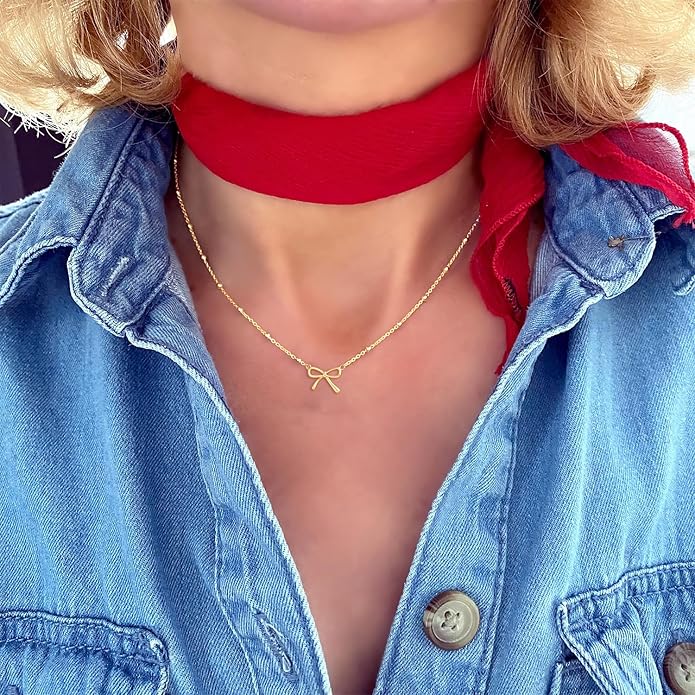 Valentines Day Gifts for Her - Dainty Bow Necklace for Women 14K Gold Plated Cute Choker Small Pendant Charm Necklaces Teen Gift Trendy Stuff Personalized Jewelry
