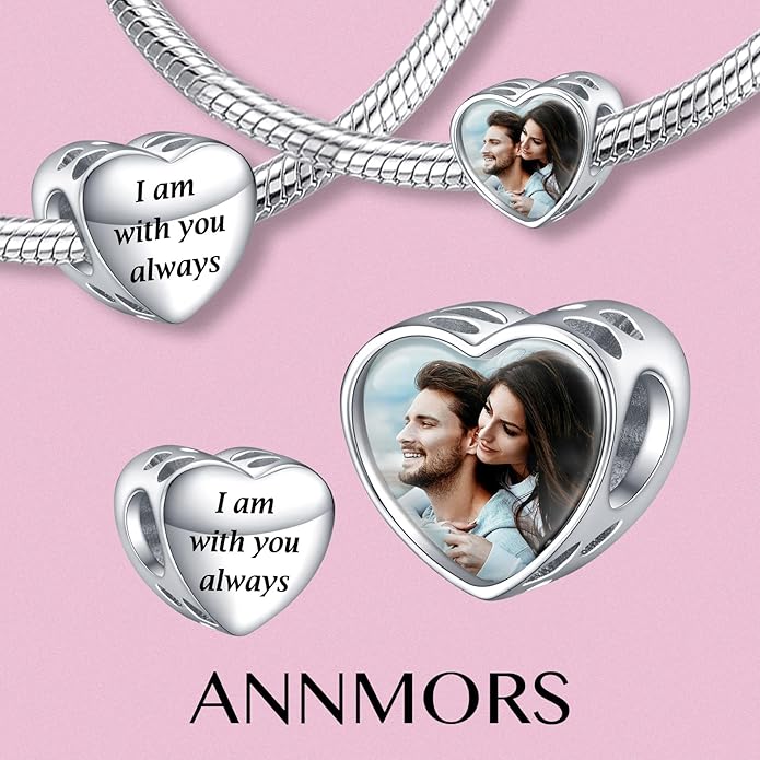 Annmors Personalized Photo Charms For Bracelets/Necklace 925 Sterling Silver Love Heart Shaped Engraved Customize Picture Gift for Birthday Mother's Day,Bead Charms Jewelry for Women