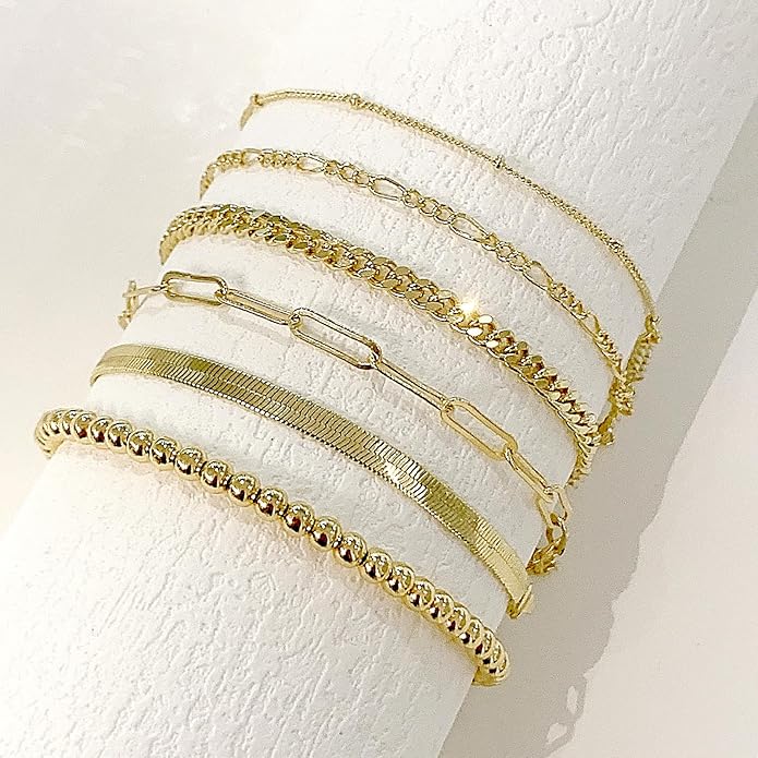 Luxval Gold Bracelets for Women 18K Gold Plated Stack Bracelet Jewelry Beaded/Paperclip/Satellite/Figaro/Snake/Cuban Link chain Bracelets Fashion Jewelry Accessories Gifts for Women Girls
