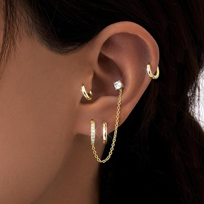 Small Gold Huggie Hoop Earrings Set for Women Men Hypoallergenic 14K Plated Stack Cartilage Earrings, Multiple Piercing Lightweight Mini Thin Cute Dainty Trendy Jewelry Set Christmas Gifts for Women