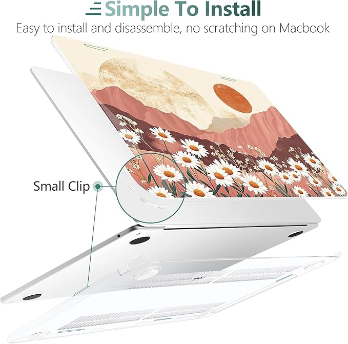 TWOLSKOO Compatible with M4 MacBook Air 15 inch Case 2025-2023 Released Model M4 A3241 M3 A3114 M2 A2941, Plastic Hard Shell & Screen Protector & Keyboard Cover & Type C Adapter, Mountains & Daisies