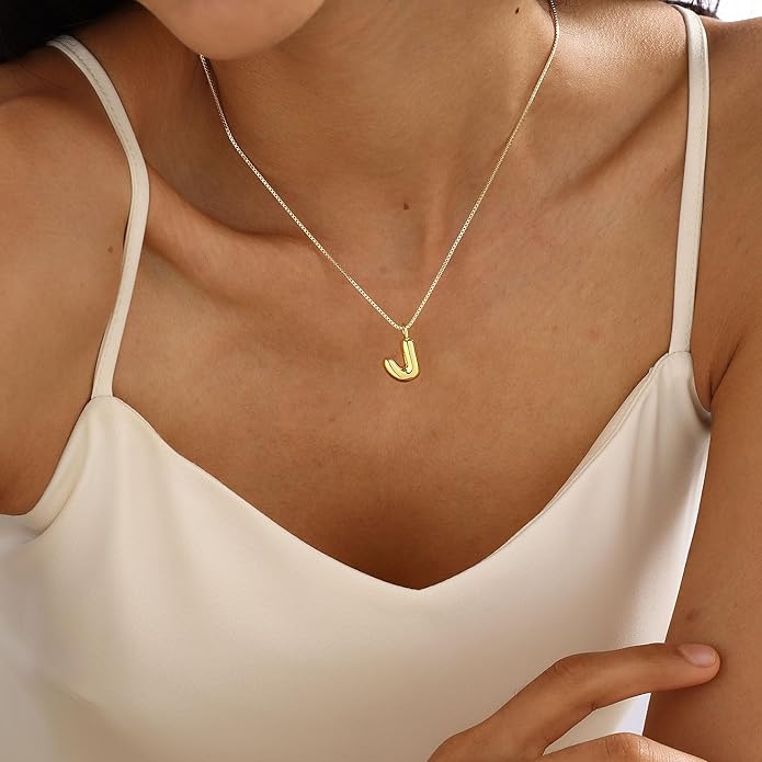 Bubble Gold Silver Letter Necklace Initial Necklaces for Women Trendy 14K Dainty Charm Pendant Name Necklace Personalized Jewelry Gift for Women Teen