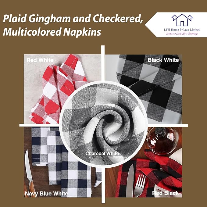 LFH Home 100% Cotton Cloth Reusable Dinner Napkins Set of 12 Washable Soft Decorative Buffalo Plaid Gingham and Checkered Table Napkins for Holidays Wedding Farmhouse Decor 18x18 Inch-Charcoal & White
