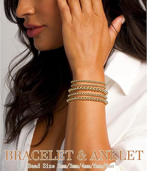 Valentines Day Gifts for Her Teen Wife Gold Beaded Bracelets for Women, 5 Pcs Dainty 14K Gold Plated Chunky Stretch Bead Ball Bracelet Stack