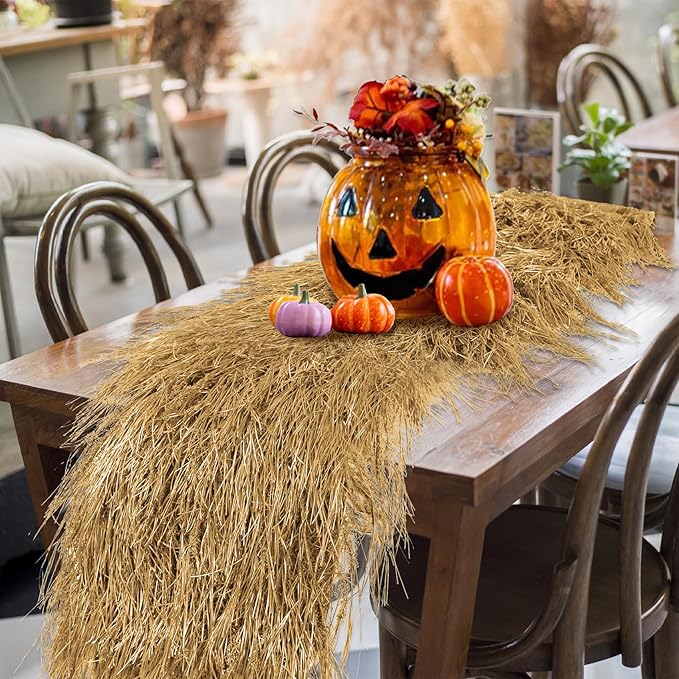 XLX TURF Fake Thatch Straw Table Runner 13 X 108 Inch - Yellow Hay Grass Table Centerpiece Western Party Decor Halloween Nativity Tiki Mexican Jungle Birthday Event, Home DIY Crafts