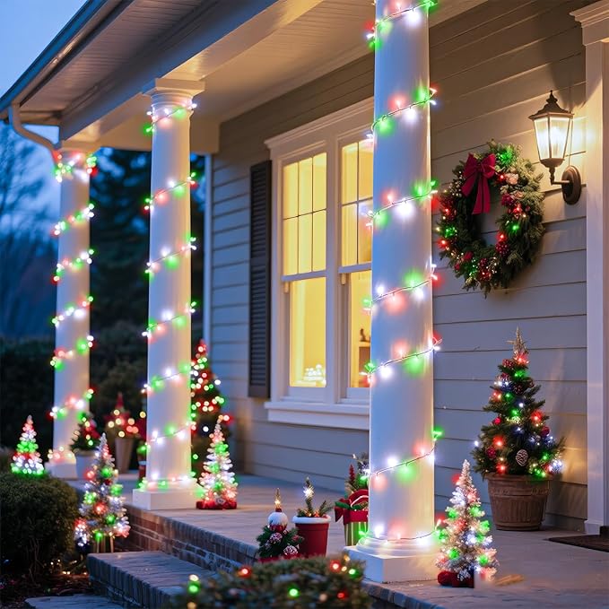 200 LED Christmas Lights Outdoor Indoor 66FT String Lights Indoor Clear Wire 8 Modes Plug in Twinkle Fairy Lights for Bedroom Christmas Tree Party Decorations, Red White&Green