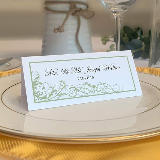 Scribble Vintage Swirl Place Cards, Sage (Choose Color), Set of 150, Pre-cut and Scored - Wedding, Party, Dinner, and Special Events - Made in the USA