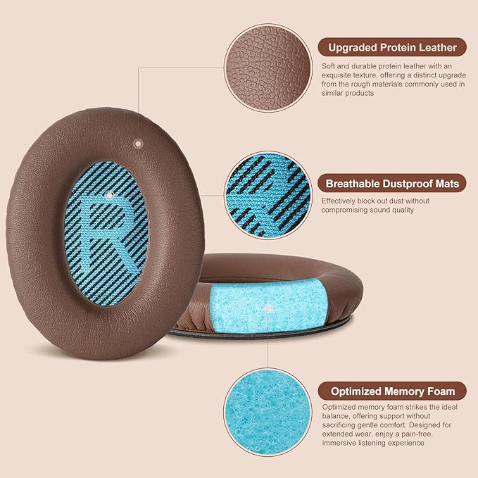 Aurivor Replacement Ear Pads Cushions for Bose QuietComfort QC 35 (ii) 25 15 2 Headphones, Upgraded Earpads for QC35 (ii) QC25 QC15 QC2 SoundTrue/SoundLink AE2/AE2i/AE2w Around-Ear Headphones (Brown)