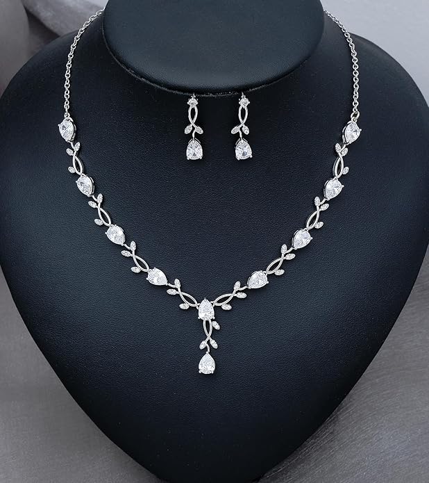 4-Piece Wedding Jewelry Set for Women Platinum Plated Cubic Zirconia Teardrop Necklace Earrings Bracelet Adjustable Ring Bridal Bridesmaid Prom Accessories with Gift Box