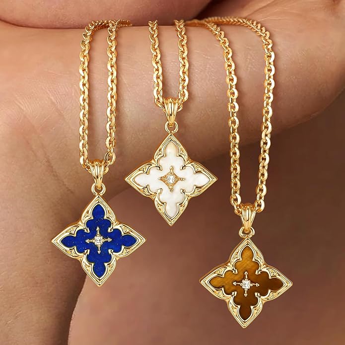 Fettero Gold Clover Necklace for Women Dainty 14K Gold Plated CZ Pendant Necklace Adjustable Chain Choker Charm Colorful Clover Pendant Lucky Necklaces for Women Jewelry