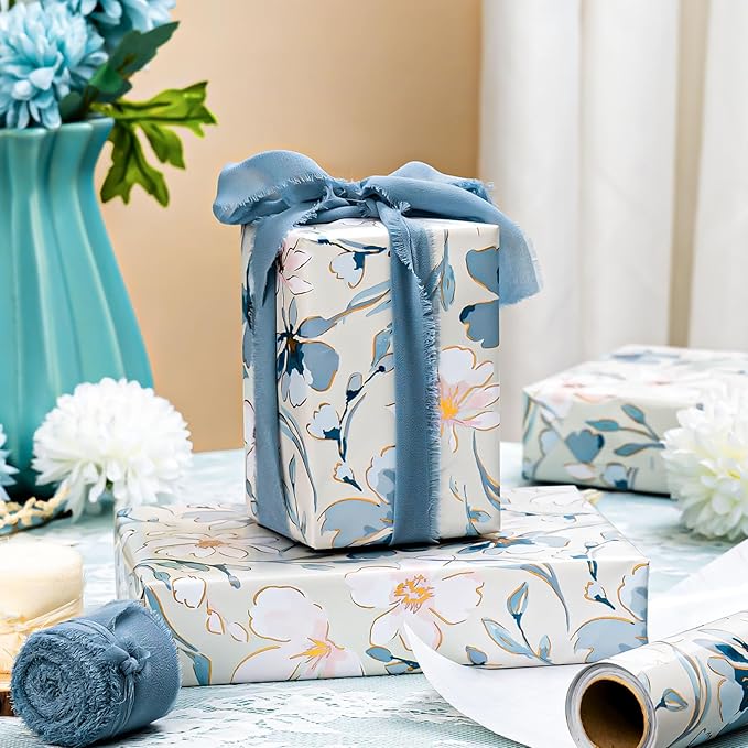 MIMUTI Blue and White Floral Wrapping Paper - 17 in x 33 ft - Gift Wrap with Watercolor Flowers, Branches and Leaves - Perfect for Wedding, Bridal Shower, Mother's Day, Valentine's Day