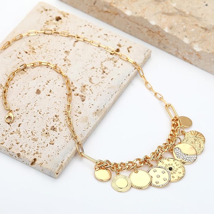 MISS RIGHT Dainty Gold Evil Eye Hamsa Hand Coin Lucky Charm Pendant Necklace for Women Trendy Vintage Paperclip Chain Sun Moon Clover Flower Chunky Charm Necklace Jewelry Gifts