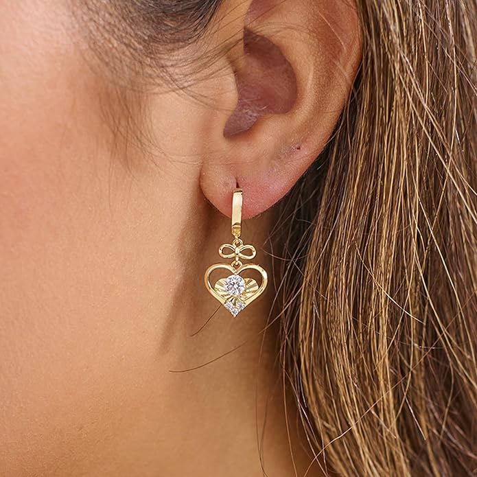 14K Gold Hoop Earrings for Women, 8mm Inner Diameter Huggie Hoops with Heart & Bow CZ Drop, Cubic Zirconia Elegant Dangle Earring, Hypoallergenic Dainty Jewelry, Aretes De Oro Para Mujer 14k