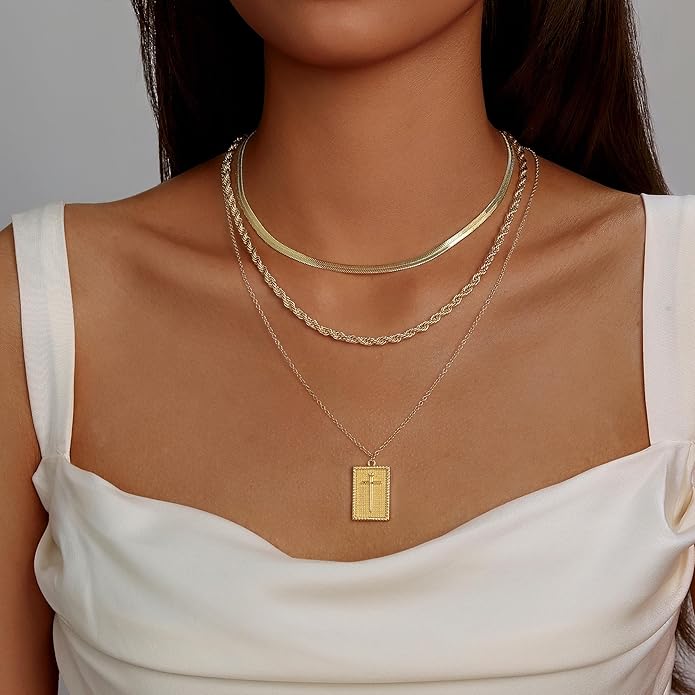 Evabelle Gold Layered Necklace for Women Trendy Jewelry 14K Real Gold Plated Chunky Chain Stackable Necklaces Dainty Choker Necklaces Rectangle Square Pendant