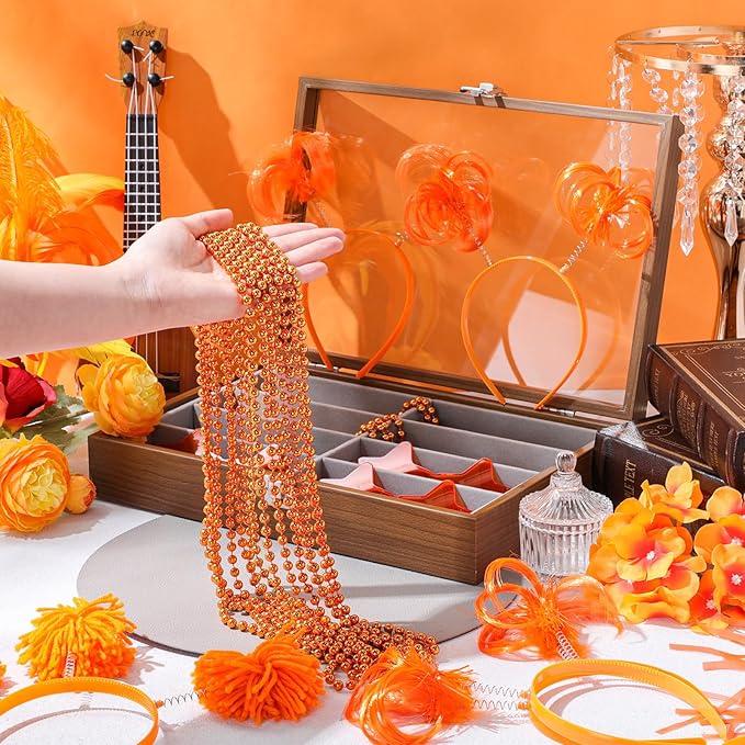 50 Pcs Orange Holiday Team Spirit Party Accessories Pom Pom Party Headbands Star Shape Sunglasses Bead Necklaces Stuff Favors for Birthday Wedding Supplies(Classic)