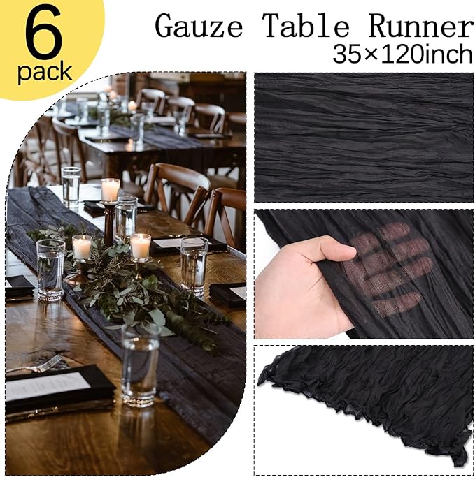 6 Pack Black Table Runner Cheesecloth 10FT Boho Gauze Fabric Table Runner 35 x 120 Inch Rustic Sheer for Centerpiece Wedding Decor Baby Shower Party Boho Decoration(Black)