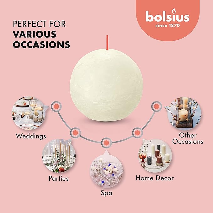 BOLSIUS 3 Pack Ivory Rustic Ball Pillar Candles - 3 Inch - Premium European Quality - Includes Natural Plant-Based Wax - Unscented 25 Hour Party Décor and Wedding Candles