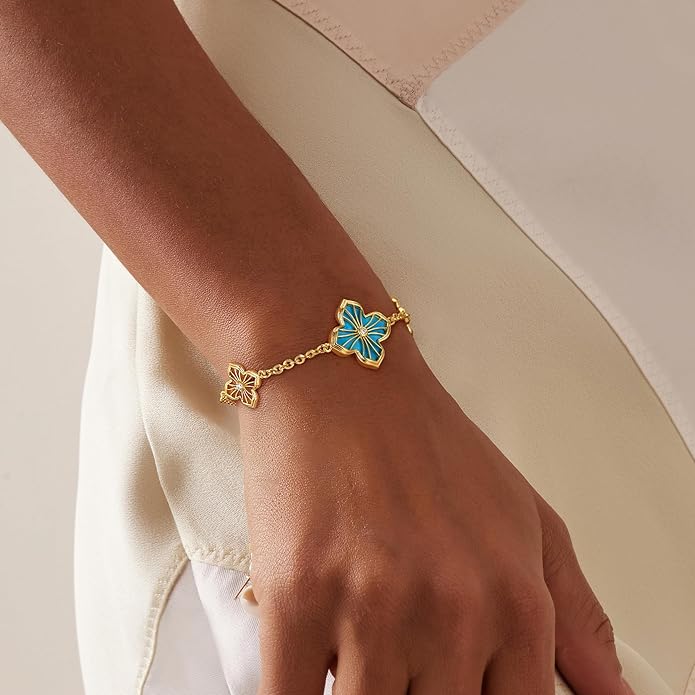 FETERO Gold Bracelets for Women Trendy, Dainty 14K Gold Plated Charm Clover Bracelet 2 Sided Lucky Pendant Cute Pearl Beaded Bracelets Link Chain Waterproof Womens Jewelry Gifts