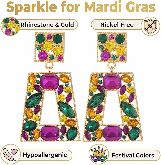 Rhinestone Rectangle Statement Earrings Colorful Crystal Geometric Drop Dangle Earrings for Women Prom Party