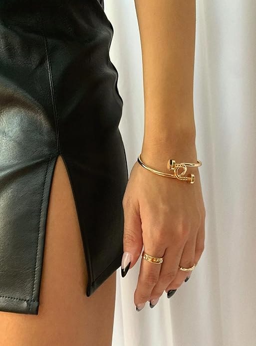 PERNNLA PEARL Dainty Gold Bar Bracelet for Women Simple Delicate Thin Cuff Bangle Hook Bracelet 18K Gold Plated Handmade Minimalist Jewelry