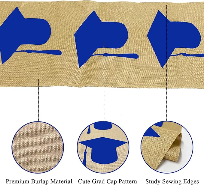 Burlap Graduation Table Runner 72 Inch - Rustic Decorations for Tabletop Centerpiece Decor Idea 2022 Party Supplies Cloth (Navy Blue) 1