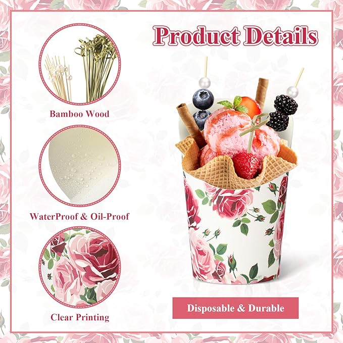 Tioncy 250 Pcs Charcuterie Cups with Cocktail Picks Sets, Bridal Shower Decoration 50 Charcuterie Cups with 200 Sticks for Wedding Baby Shower Floral Boho Witch Party Decorations(Rosy,Blossoms)