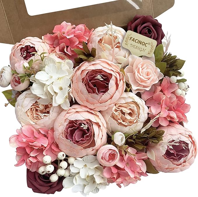 Peonies Artificial Flowers Pink Bouquet Box Set Fake Peony Bulk for DIY Bridal Baby Shower Decorations Wedding Centerpieces for Table Faux Silk Floral Arrangement Party Home Decor Indoor