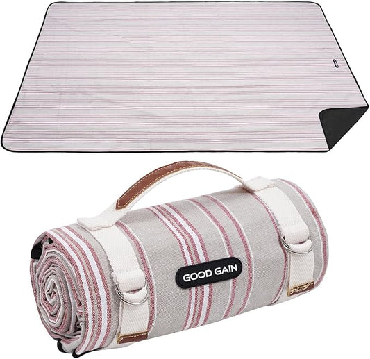 G GOOD GAIN Waterproof Picnic Blanket Portable with Carry Strap for Beach Mat or Family Outdoor Camping Party（Oat）