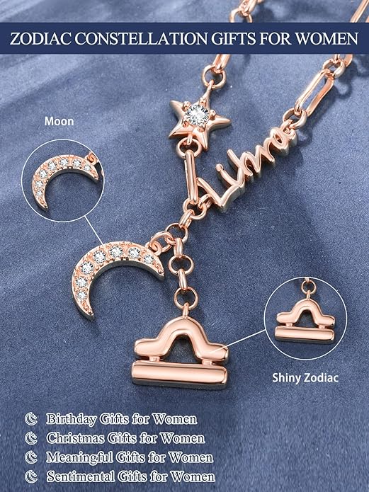 14K Gold/Rose Gold Zodiac Necklace for Women - Horoscope Constellation Pendant with Moon and Star, Luxury Birthday Gifts Jewelry for Her (12 Zodiac Signs)