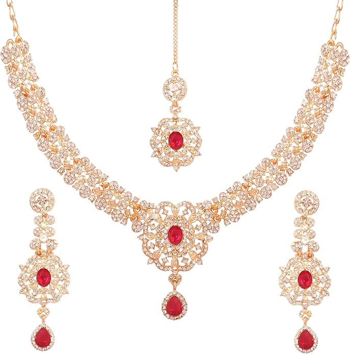 Touchstone Indian jewelry sets for women gold wedding tikka necklace set guest costume fancy bridal jewellery rhinestone crystal elegant formal prom evening wear dainty accessories