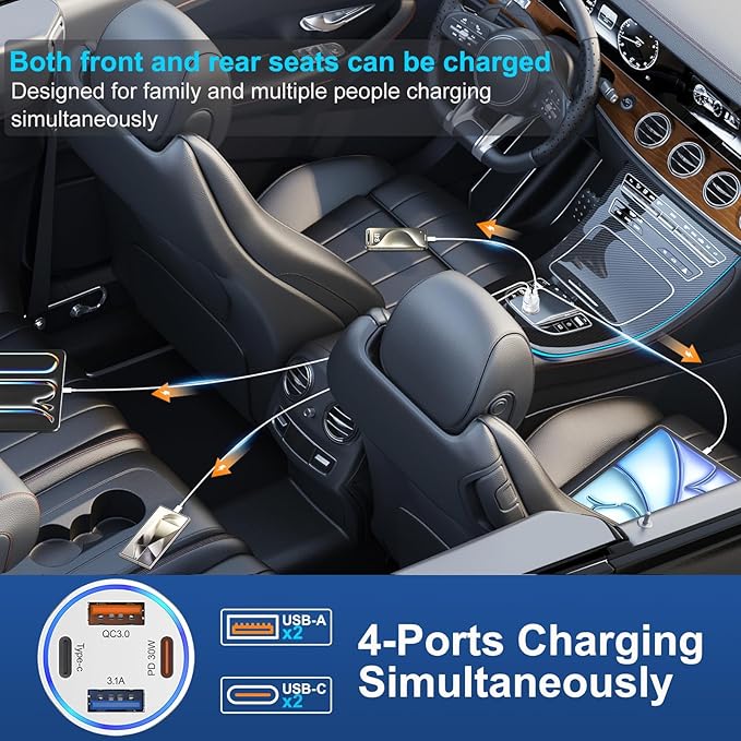 [2-Pack] Car Charger USB C, 4 in 1 65W Fast Charging 4-Port Dual USBC & USB A Car Phone Charger Cargador Carro Lighter Adapter for iPhone 16e 16 15 14 13 12 Pro Max, iPad, Samsung,Tablet, Android