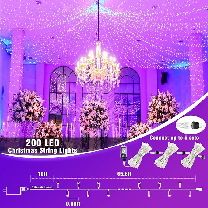 Vivideal 200 LED Christmas Lights Outdoor Waterproof 66ft Purple String Lights Clear Wire with 8 Modes Plug in Purple Christmas Light for Tree Party Decorations