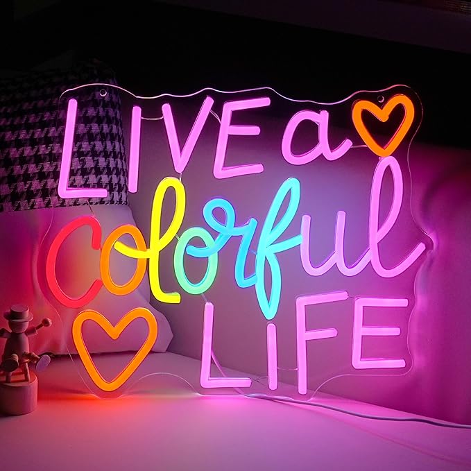 Live a Colorful Life Neon Sign for Wall Decor Positive Letter Neon Light Colorful Light Up Sign for Bedroom Classroom Party Club Office Pub Salon (12.6 * 15.4 In)