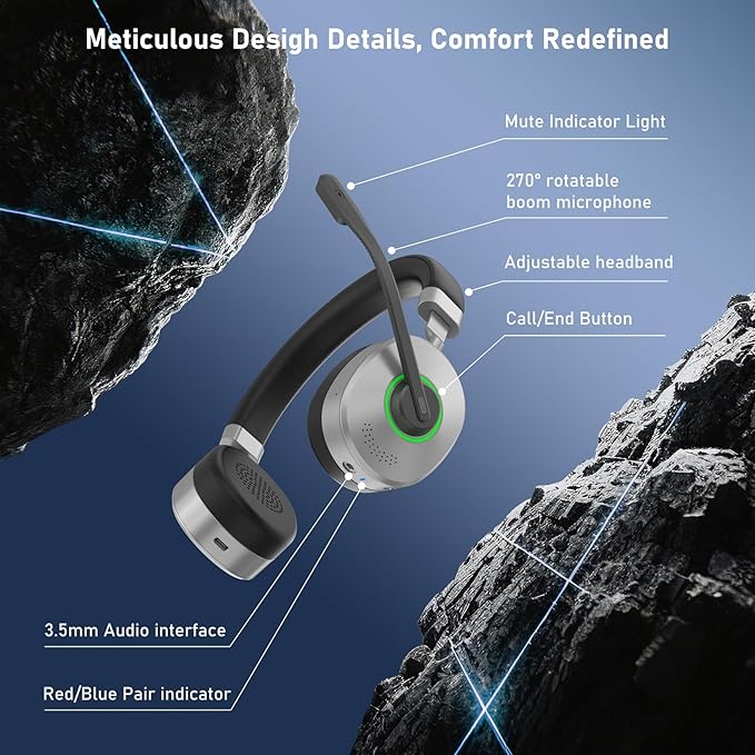 Wireless Headset, Bluetooth Headset with Microphone, AI Noise Cancelling Mic & USB Dongle, Wired/Wireless Headphones with Mute Button, Bluetooth V5.3 Headphone with Mic for Computer/Office/Home/Phone