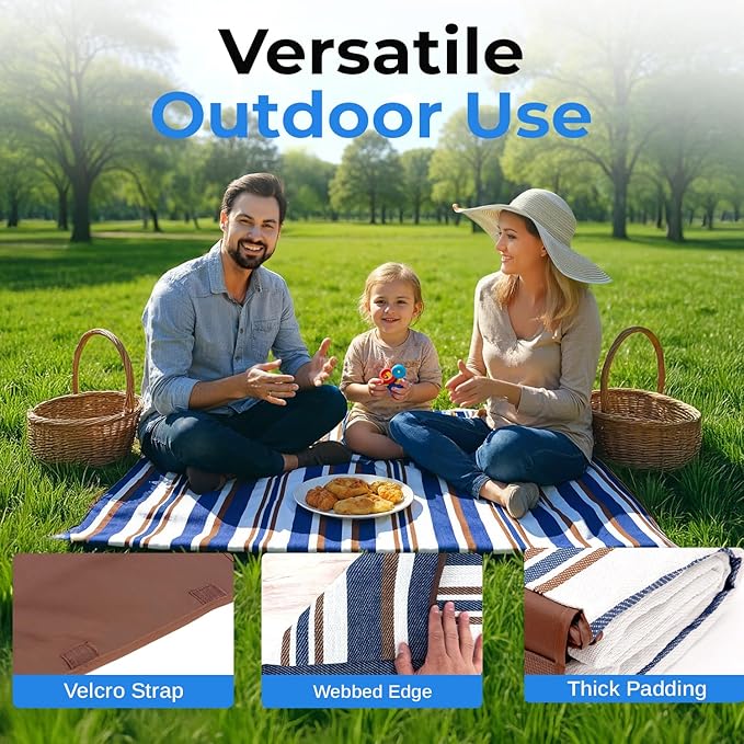 scuddles Extra Large Navy Blue Picnic Blanket Waterproof 3 Layer Polyester Foam and PEVA Mat Foldable Beach Rug with Carry Handle Easy Clean Outdoor Camping Mat for Garden Lawn Park and Travel