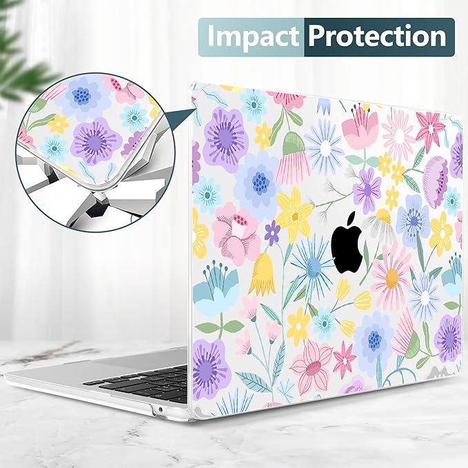 TWOLSKOO Compatible with M4 MacBook Air 13.6 inch Case 2025-2022 Release M4 A3240 M3 A3113 M2 A2681, Plastic Hard Shell & Keyboard Cover & Type C Adapter & Screen Protector, Spring Blooms