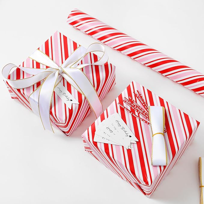 Miss DuiDui Gift Wrapping Paper Roll, 17 Inch x 32.8 Feet, Red Pink White Stripe for Birthday, Baby Shower, Valentine's Day, Anniversary, Wedding, Christmas
