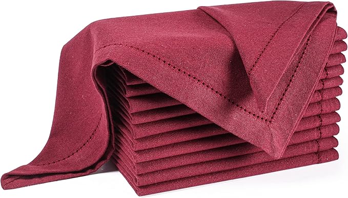 Palisa Cloth Dinner Napkins with Hemstitched Detailing & Mitered Corners Set of 12 (18x18 Inches) Burgundy - Cotton Reusable Dinner Napkins - Perfect for Weddings & Everyday Use