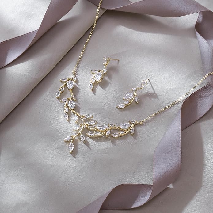 EVER FAITH Wedding Jewelry for Bride Women Bridesmaid, Sparkly Cubic Zirconia Pear-Shaped Birthstone Leaf Necklace Earrings Set for Prom