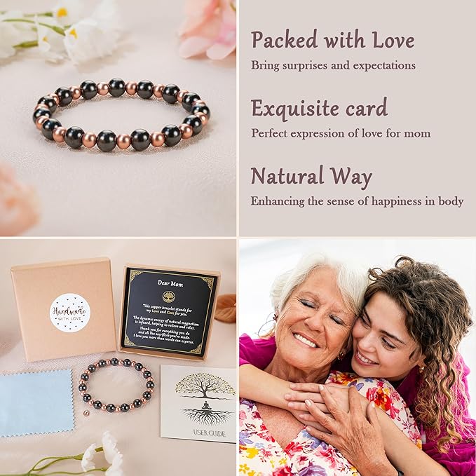 Mom Bracelet as Valentines Day Gifts for Mom, Copper Bracelet for Elderly, Dainty Copper Jewelry with 3800 Gauss Magnets, Stretch Bead Braclet Elderly Gifts Valentine Presents
