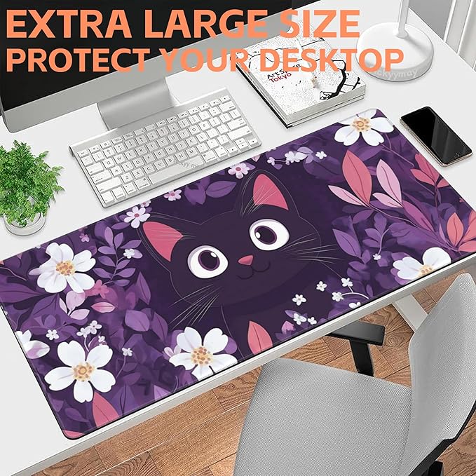 Mouse Pad Large Cat Hiding in The Floral Non-Slip Game Desk Mat with Stitched Edge Laptop Keyboard Desk Pad for Work Home Gaming (35.4 x 15.7 Inches)